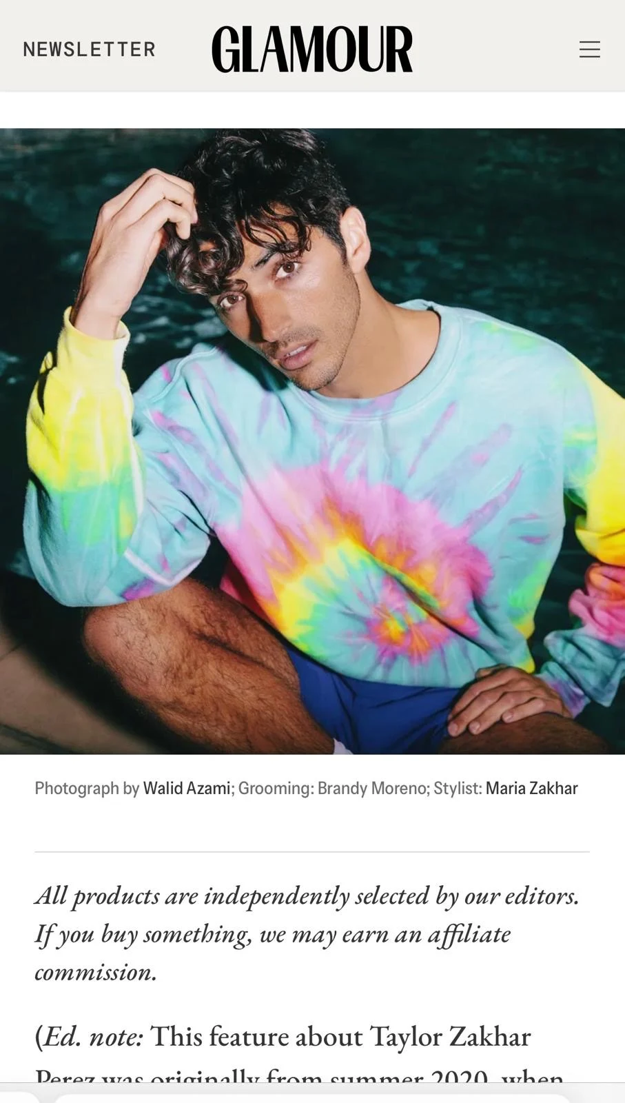 Supplied Glamour publication feature with a tie-dye fashion portrait